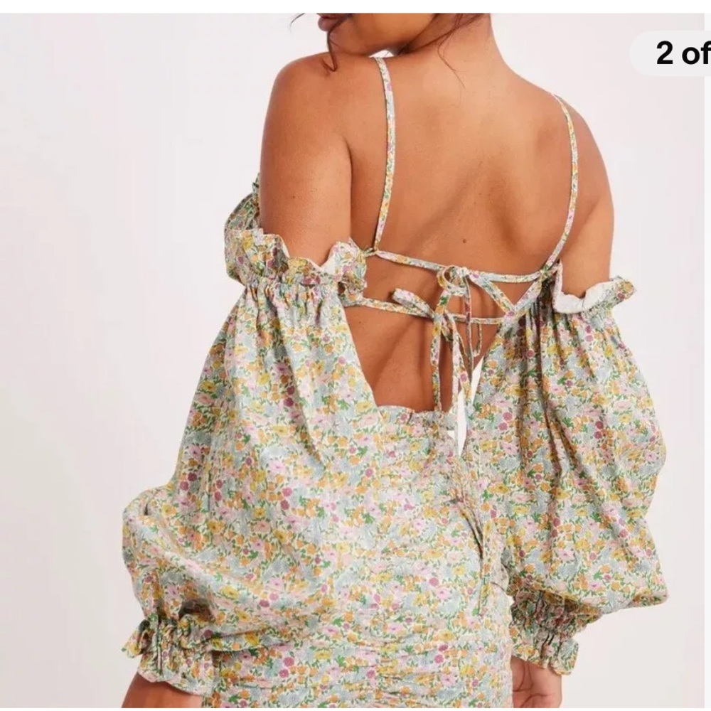 New FOR LOVE & LEMONS RALEIGH Green Floral Crop Top Puff Sleeves XS - Picture 2 of 8